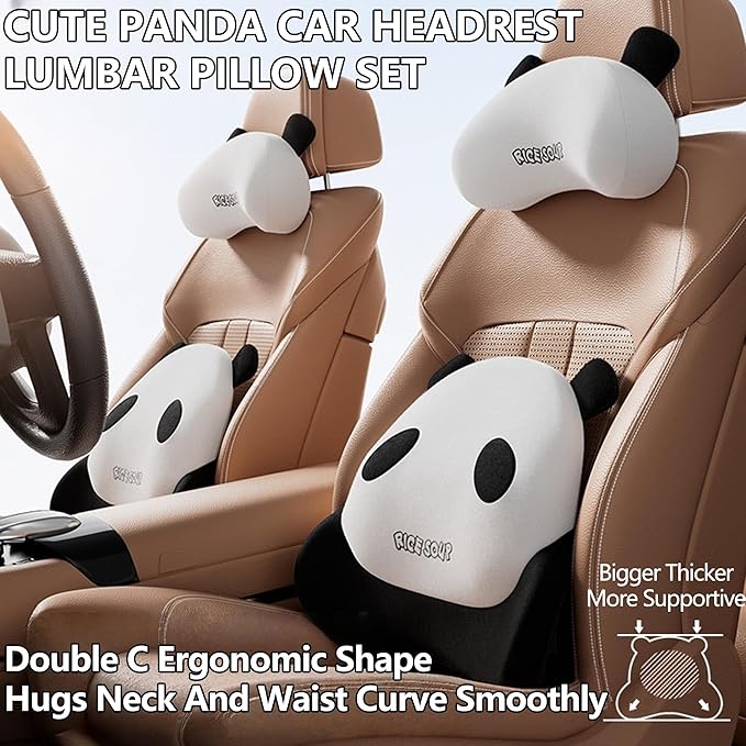 Cute Panda Car Neck Pillow & Lumbar Support Memory Foam Cushion for Driving Adjustable Headrest Waist Pillow for Most Seats (Black, Headrest & Backrest)
