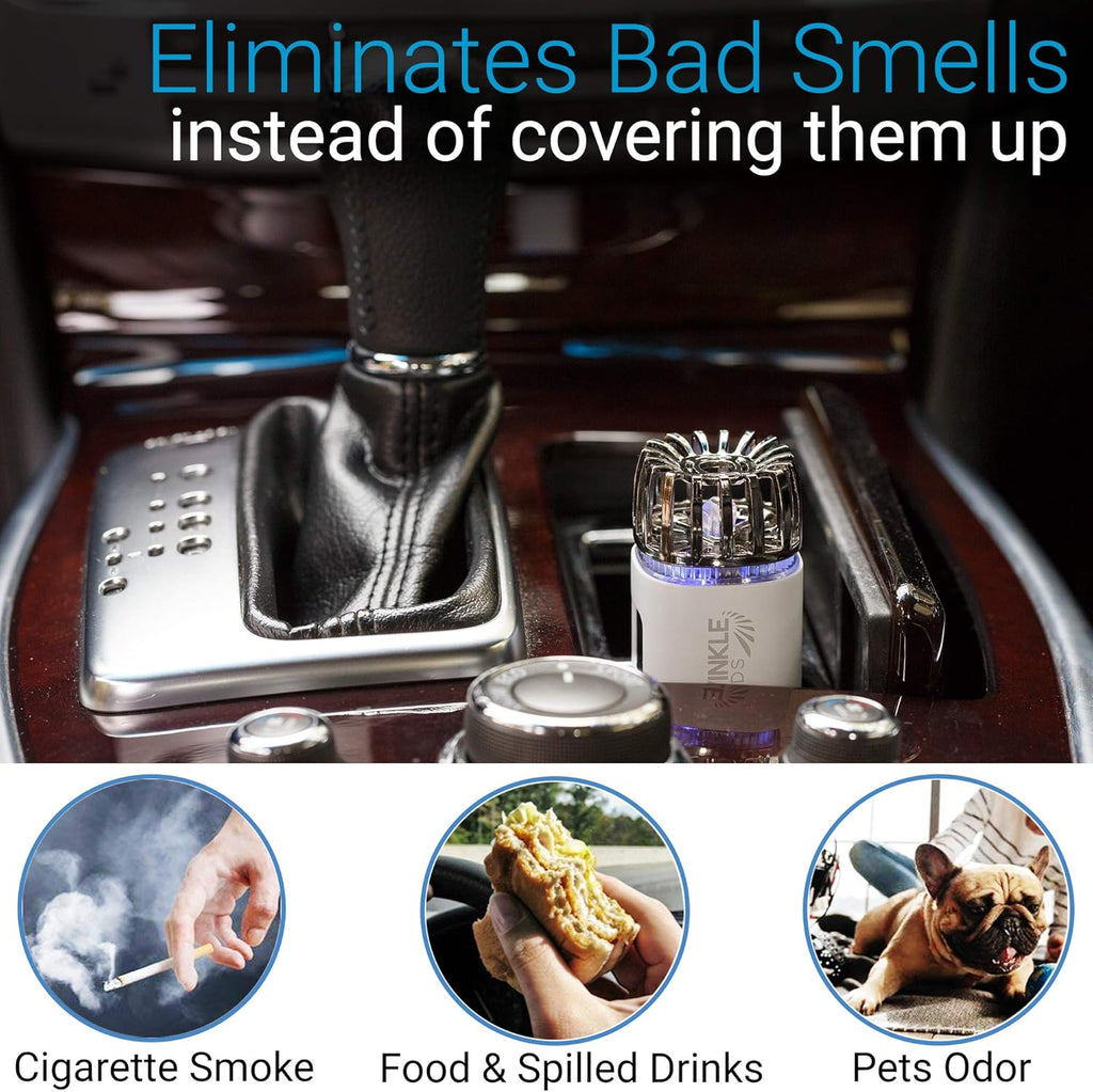 Car Air Purifier Ionizer - 12V Plug-in Ionic Anti-Microbial Car Deodorizer with Dual USB Charger - Smoke Smell, Pet and Food Odors, Allergens, Viruses Eliminator for Car (Matte White)