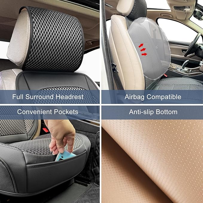 2 Pack Ventilated Cooling Car Seat Covers for Summer, 3D Air Mesh Breathable Leather Front Seat Protectors with Storage Pocket, Universal Fit Non-Slip Seat Cushion for Car Truck SUV(Black)