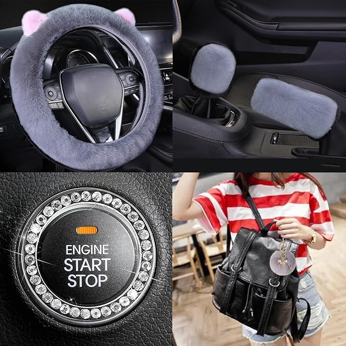 ZYNQACC 9 Pack Cute Bear Fluffy Car Accessories for Women Girls,Kawaii Fuzzy Steering Wheel Cover Universal 15 inch Plush Cute Ears