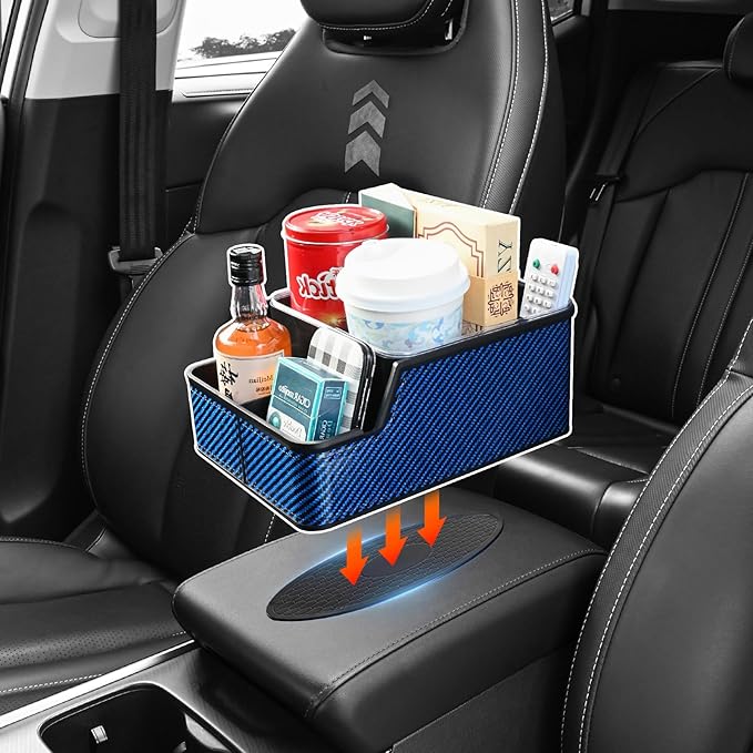 Car Front Seat Organizer with Compartment,Center Console Armrest Storage Box,Car Seat Cup Holder Tray,Back Seat Small Caddy,Car Organizer and Storage with Non-Slip Pat,fit for Truck,SUV,Van (Blue)