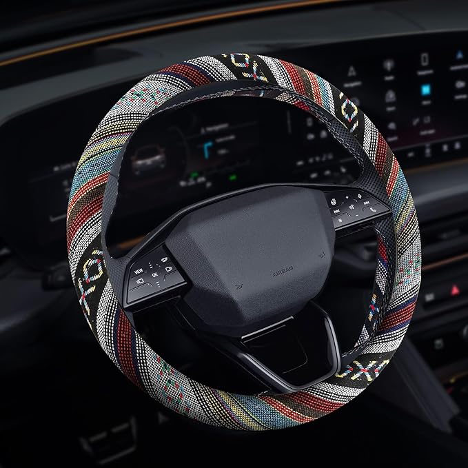 Boho Steering Wheel Cover, Steering Wheel Cover Women, 15 inch Hippie Style Protector Covers, Universal Ethnic Flax Cloth Car Accessories Universal for SUV Van Truck (Hippie-D)