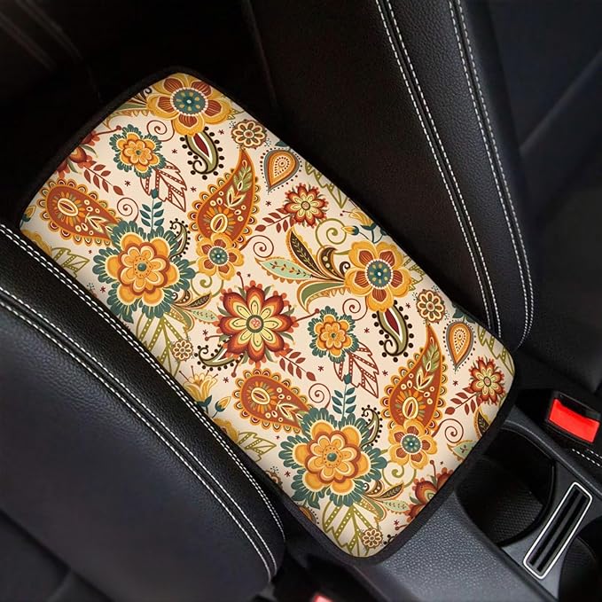 Dreaweet Bohemian Floral Arm Rest Cover for Car Women Soft Anti Slip Armrest Cover Center Console Cushion Pad Boho Car Accessories Universal Fit Most Cars SUV Sedan