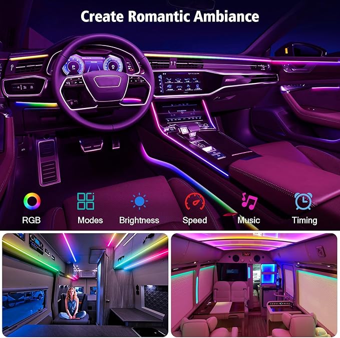 118" Acrylic Interior Car Lights, 0.08in Ultra-Thin Thickness Ambient Lighting Kits with Smart APP, RGB 2 in 1 USB Powered Car LED Strip Light Music Sync Neon Strip for Vehicle (2 * 59in)