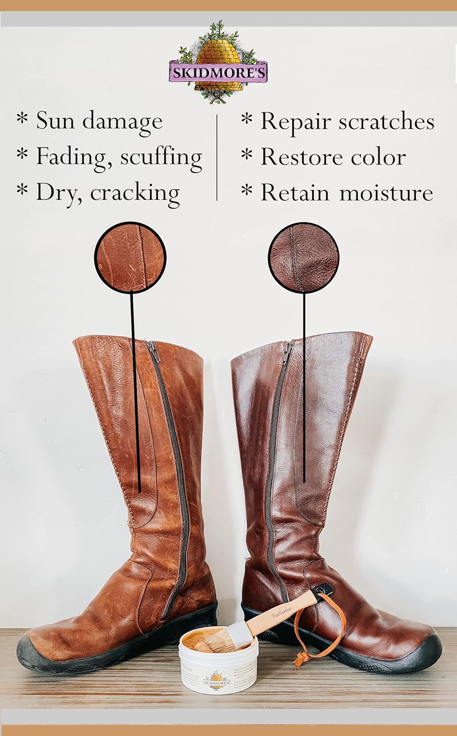 Skidmore's Leather Cream: All-Natural, Non-Toxic Leather Conditioner - Made in USA Since 1984. Water Repellent Formula Restores Leather Couches, Car Seats, Boots, Shoes, Purses, Bags, and Tack. 6 Oz