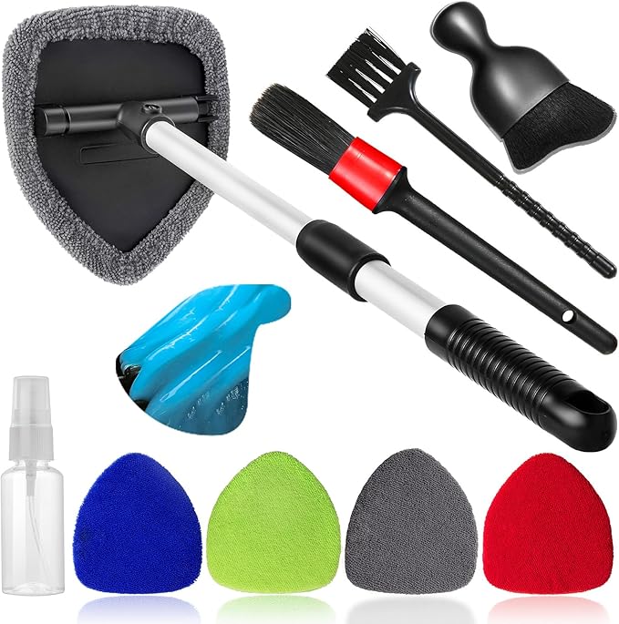 Qydipclin 10pcs Windshield Cleaner Tool, Car Window Cleaning Wash Kit with 4 Reusable Microfiber Pads 1 Spray Bottle and Extendable Handle Auto Glass Wiper Kit, Multicolor
