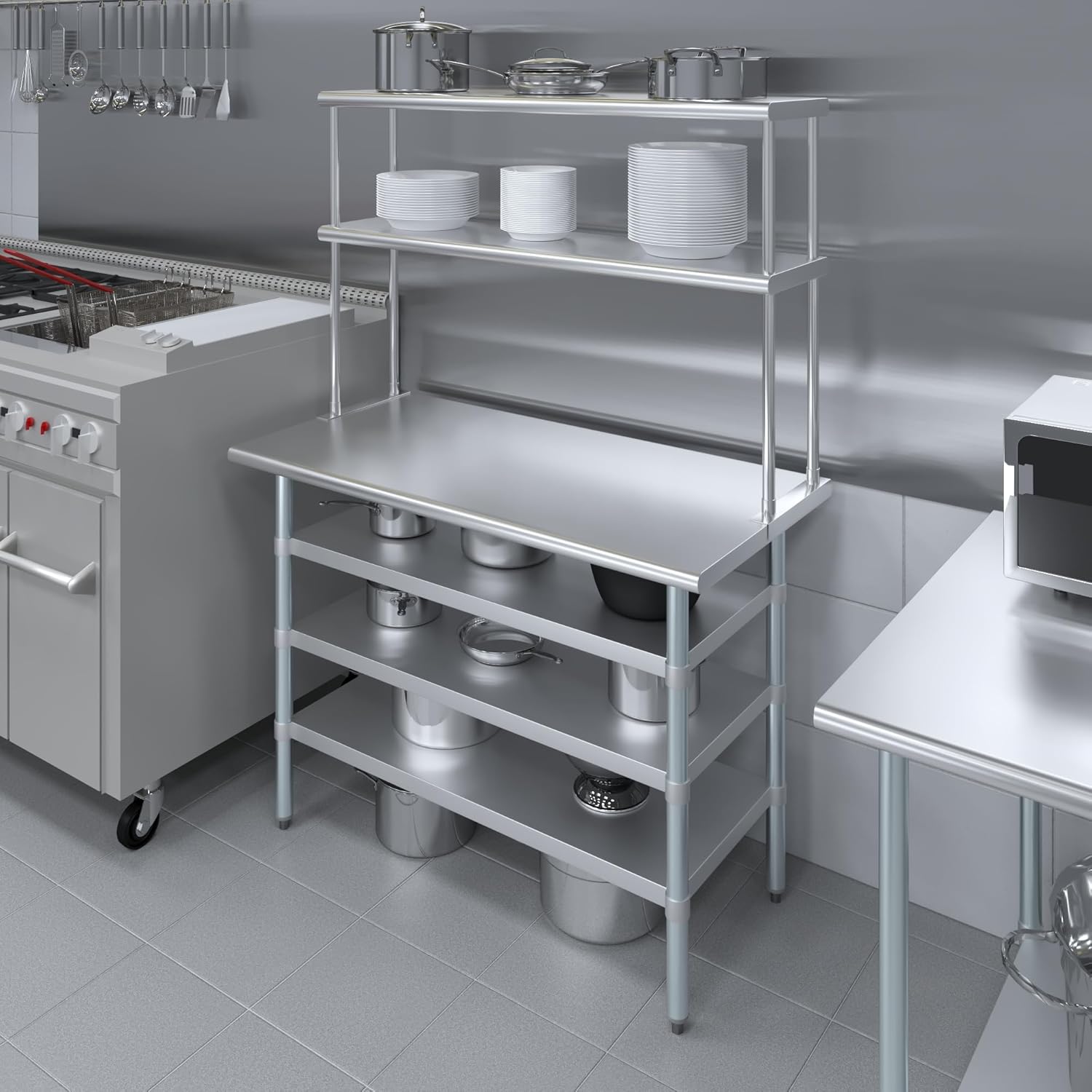 Amgood (24" x 48" Stainless Steel Work Table with 3 Shelves and 12" Wide Double Tier Overshelf | Metal Kitchen Prep Table & Shelving Combo | NSF