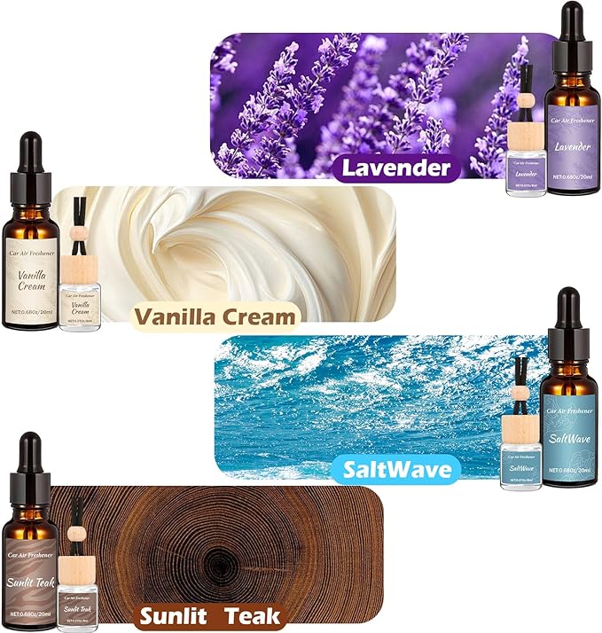 Car Air Freshener & Refill Set, 4-Scent Hanging Air Freshener Diffuser - Each(8ml +20ml Refills), Natural Essential Oil Diffuser With Refill Bottles, Reusable Car Fragrance Decor Accessories(8 Pack)