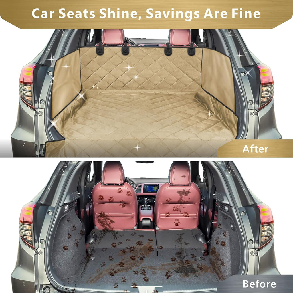 F-color SUV Cargo Liner for Dogs - Waterproof Pet Cargo Liner with Side Flaps, Comfort Dog Cargo Cover with Bumper Flap, Scrachproof Non-Slip Large Size Universal Fit SUVs Sedans Trunks Vans, Khaki