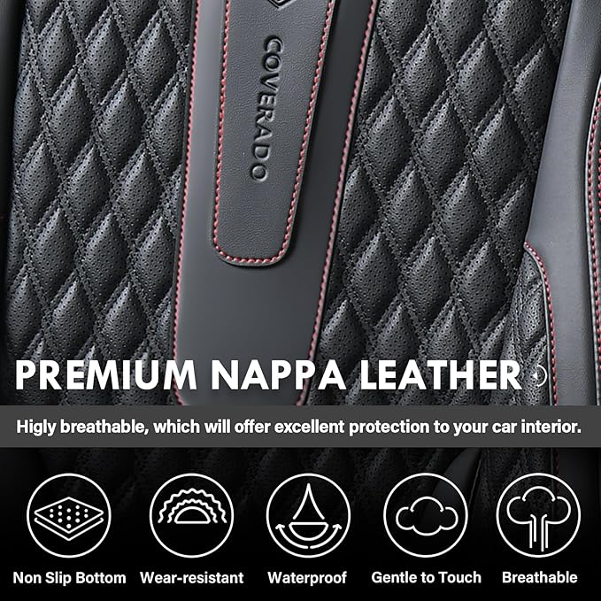 Coverado Car Seat Covers Full Set, Nappa Leather Seat Covers for Car, Waterproof Car Seat Protector with Lumbar Support, Automotive Seat Covers Universal Fit for Most Cars SUV Trucks (Black-Red line)