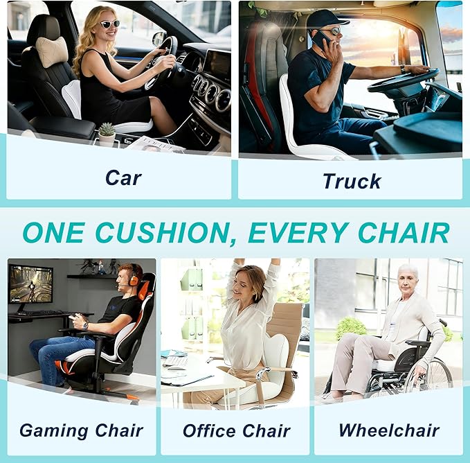 Seat Cushion for Office Chair and Car, Lumbar Support Pillow for Office Chair, Memory Foam Ergonomic Seat Cushion for Long Sitting, Back & Tailbone Pain, Sciatica - Light Gray