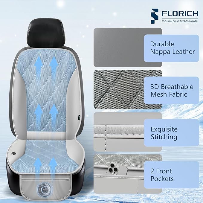 FLORICH Cooling Car Seat Cushion Front Seat Ventilated Car Seat Cover 2-Hours Auto Off Cooling Mat for Car Seats with 3-Speed Adjustable Universal Fit for 12V/24V Car SUV Truck Van for Summer, Gray