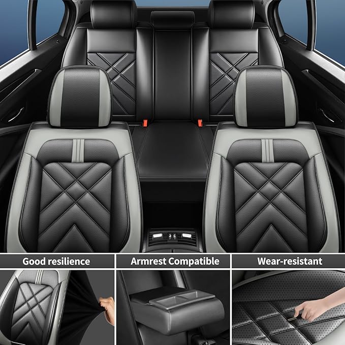 Car Seat Covers Compatible with Mazda 6 2007-2021, Full Coverage Premium Leather Waterproof Breathable Seat Covers, Automotive Seat Protectors, Airbag Compatible(2 Front Seats, Black Gray)