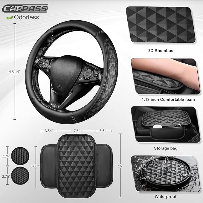 CAR PASS 3D Memory Foam Leather Car Steering Wheel Cover Set, Comfortable Rhombus Leather Center Console Armrest Cushion with Storage Bags Non-Slip 14.5-15in Car Interior Covers Sets, 4 PCS All Black