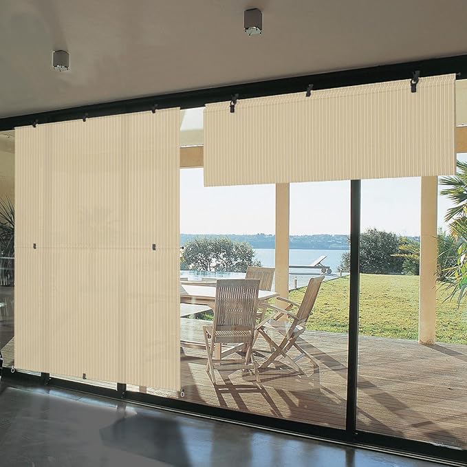 Bynbbur 4'W x 10.5'H Outdoor Patio Shades Foldable Roller Blinds, 220 GSM Sun Shade Roll Up Porch Screens Exterior Shade Cloth for Deck Pergola Backyard, Beige