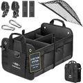 2-Section Trunk Organizer Foldable Car Storage Bin – Compact Dual-Compartment Auto Organizer with Cover Net, Non-Slip Pads, Heavy Duty Oxford 1680D – Black