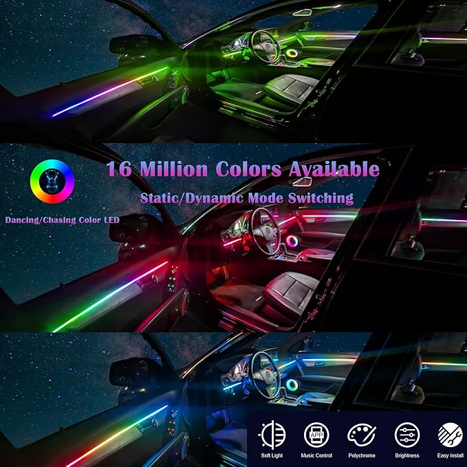 Dreamcolor Acrylic Interior Car LED Strip Light, RGB 22 in 1 Fiber Optic Ambient Lighting Kits, 16 Million Colors Sound Active Function Car Neon Lights with Wireless APP