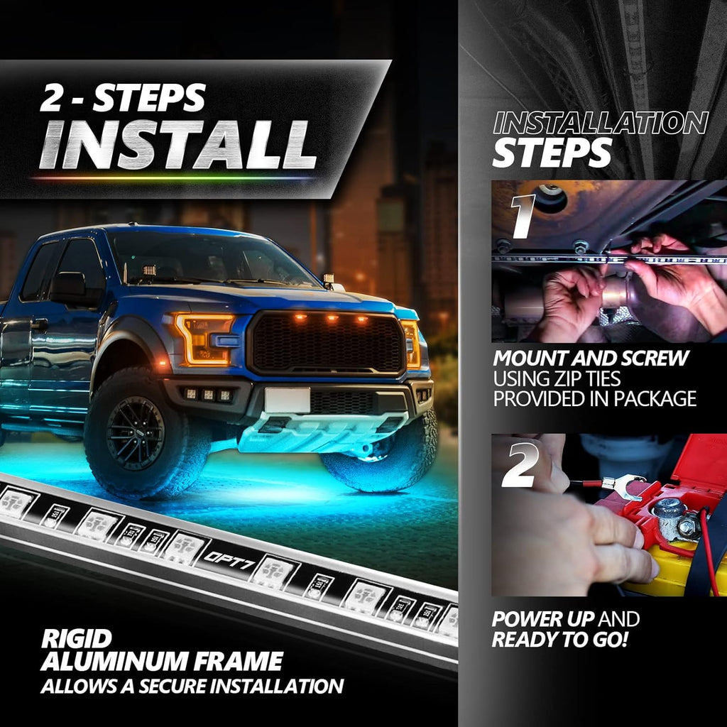 OPT7 Aura Pro Rigid RGB LED Underglow Kit for Trucks Trailers Pickups with App & Remote Control, Multi Colors Music Modes, 4 PCS Waterproof Aluminum Light Bars, Exterior Neon Under Car Lights