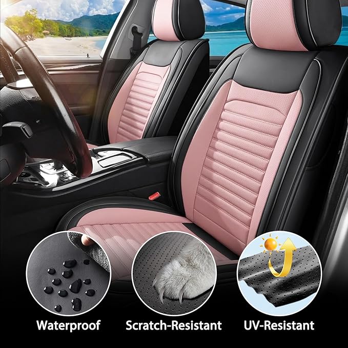 Car Seat Covers Full Set Fit for Toyota Matrix 2003-2014, Premium Faux Leather Car Seat Protector,Breathable Anti-Slip Full Wrapping Edge Seat Covers(Black&Pink,Full Set)