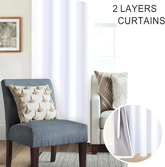 XWZO 100% Blackout Curtains 63 Inches Length with Tiebacks- Full Shade Window Drapes Thermal Insulated Double Layer with Black Liner for Bedroom/Living Room, Grommet Top, White, W52 x L63, Set of 2