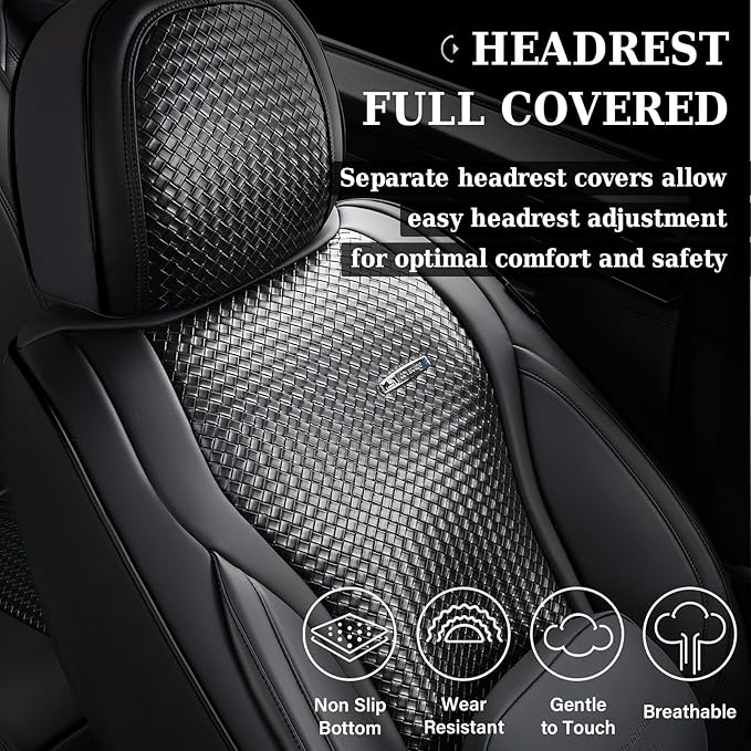 Coverado Car Seat Covers Full Set, Black Seat Covers for Cars, Waterproof Nappa Leather Automotive Seat Covers with Lumbar Head Pillow, Car Seat Protectors, Universal Fit for Most Cars SUV