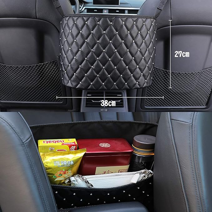 Car Net Pocket Handbag Holder with Diamond Bling Driver Netting Pouch, Handbag Holder Front Seat, Barrier of Backseat Pet Kids Storage & Pocket (Black with Diamond)