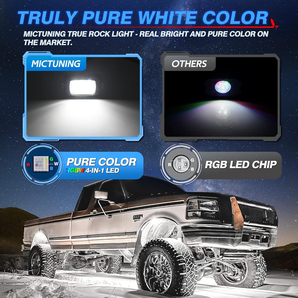 MICTUNING Q1 RGBW Rock Lights, 16 Pods Pure Color Underglow Neon Multicolor Lighting with Wiring Switch Kit, Bluetooth Controller, Remote Control, Music Mode for Trucks Car ATV UTV Golf Cart