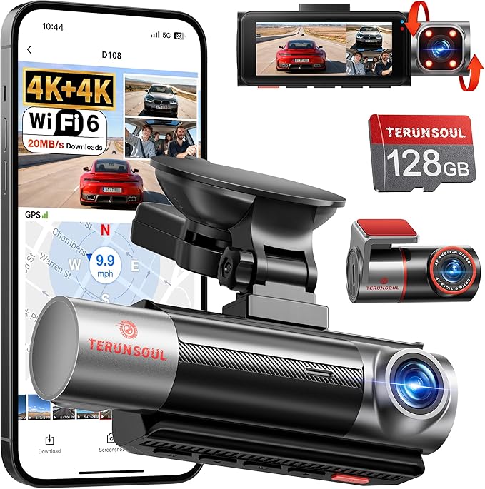 4K+4K+1080P 3 Channel Dash Cam Front and Rear with Cabin, Free 128GB Card Included, 5.8GHz WIFI6 - up to 20MB/s, IR Night Vision, Built-in GPS, G-Sensor, 24H Parking Mode, Support 512GB Max
