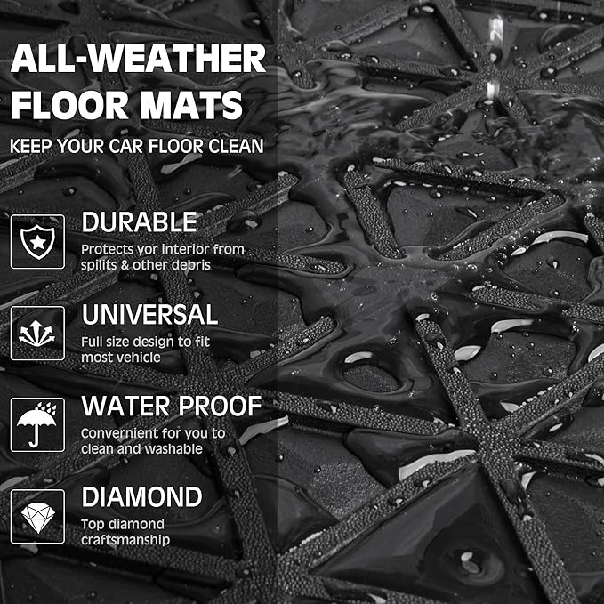 CAR PASS Bling Rubber Car Mats Diamond Floor Mats Full Set Anti-Slip 3D Rhombus Waterproof Universal Trim to Fit Liner Glitter Crystal Sparkly Shining Rhinestone Girl Women SUV Sedan Van, Black Purple