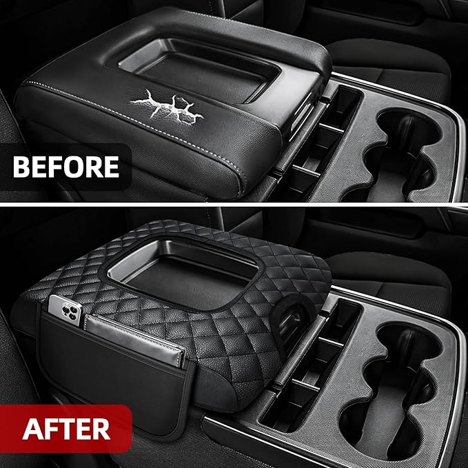 Center Console Cover Fit for Chevy Silverado 2014 2015 2016 2017 2018 Jump Seat, Middle Console Cover, Durable Arm Rest Cushion for Trucks with 2 Pocket (ONLY for Split Bench Jump Seat)