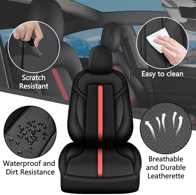 AOMSAZTO Car Seat Cover Fit for Tesla Model Y 2020 2024 - Half Surrounded Customized Seat Covers(Black with Red Stripe)