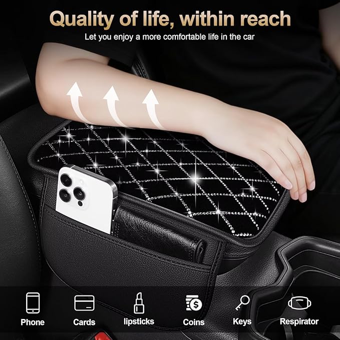 Bling Center Console Cover with 2 Side Pockets Fit for Corolla Multi-Functional Car Armrest Cushion Diamond-Studded Rhombus Pattern Style(Black&Silver Diamond)