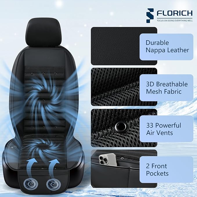 FLORICH Cooling Car Seat Cover, 12V-24V Ventilated Seat Cushion Cooling Car Seat Pad for Summer Driving with 2 Powerful Turbo Fans 3-Speed Temperature Adjustable Universal Fit for Car SUV Truck Van