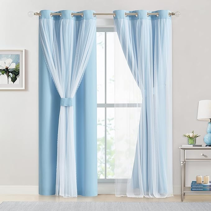 Bujasso Sky Blue 80% Blackout Curtains with Sheer Overlay Mix and Match Double Layer Thermal Insulated Window Panels 84 inch for Living Room Bedroom Blue Drapes with Tiebacks Grommet Top 37" Wx84 Lx2