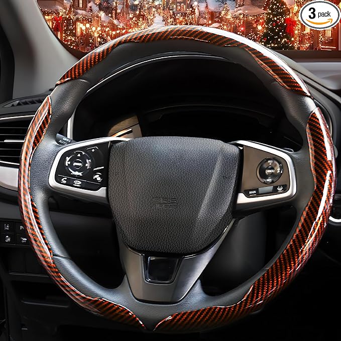 3 Pcs Carbon Fiber Car Steering Wheel Cover, Anti-Skid & Scratch-Proof,Segmented, Butterfly Thin Steering Wheel Cover Men/Women Universal Fit 14.5"-16" Wheel Covers for Cars/Truck/SUV