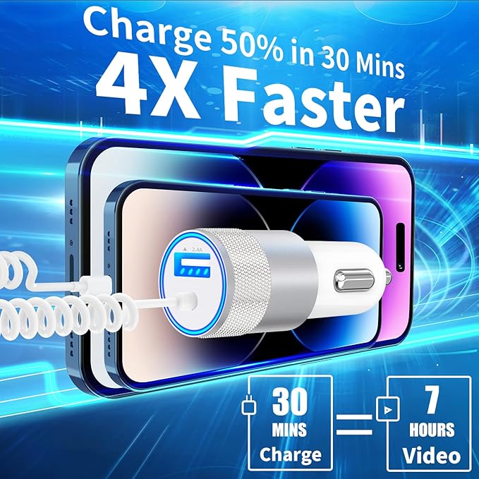 [Apple MFi Certified] iPhone Fast Car Charger, Caiinei 4.8A Dual USB Power Car Charger Fast Charging Cigarette Lighter+6FT Coiled Lightning Cable for iPhone 14 13 12 11 Pro Max XS Mini XR X 8 SE iPad