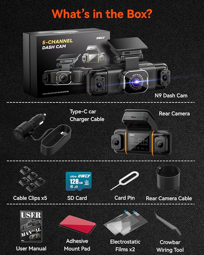 IIWEY N9 5 Channel Dash Cam 360° View, 5.8G WiFi-6 with App, Free 128GB Card, FHD Front & Rear Inside, Left, Right Dash Camera for Car, 12 IR Lights Night Vision, GPS, 24/7 Parking Mode, G-Sensor