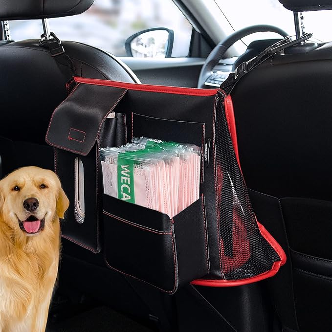 eing Car Net Pocket Handbag Holder Pu Leather Between Seats Back Storage Organizer Purse Holder for Console Front Seat Storage Barrier, Black+Red