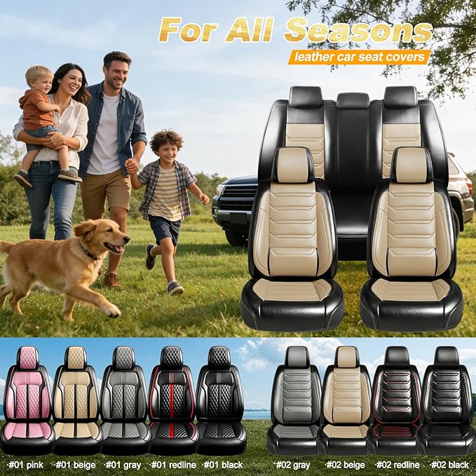 Fit Civic Car Seat Covers for Honda Civic 2020-2026 Sedan(Not for Coupe) - Premium Full Coverage Leather, Waterproof All Weather Breathable Seat Cushion Protector, Front Pair Black+Beige