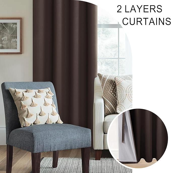 XWZO 100% Blackout Window Curtains - Thermal Insulated & Completely Room Darkening Black Liner Window Treatment with Tiebacks for Bedroom/Living Room, Brown, W38 x L63, Set of 2 Panels