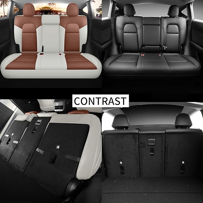 for Tesla Model Y Seat Covers 2020-2024 Nappa Leather Car Interior Seat Compatible with Airbag Cushion Cover 5 Seats (TY-Brown&Beige)