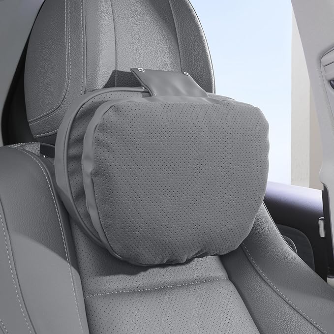 Car Headrest Pillow for Driving, Dual-Sided Leather Design Neck Pillow, Breathable Softness Neck Support, Universal Fit Head Rest Travel Pillow, Gray, 1 Pack