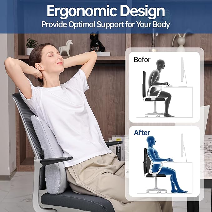 Lumbar Support Pillow for Office Chair, Back Support Pillow with Memory Foam, Relieves Back Pain, Removable Washable Cover & Adjustable Strap, for Car/Gaming Chair,Gift-Light Grey