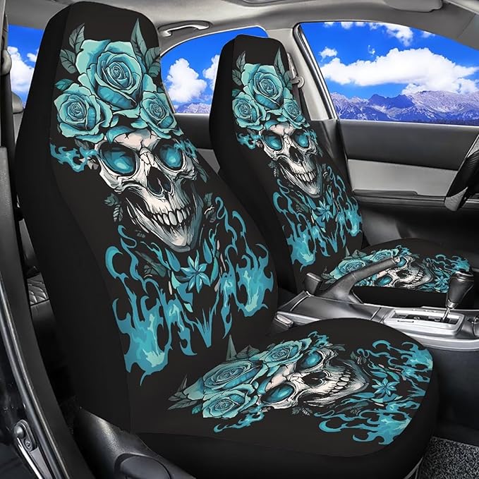 Halloween Skull Rose Car Front Seat Covers Breathable Car Seat Cover Stretch Polyester Fabric Cover Non Slip Fashion Auto Interior Universal for Cars Truck SUV Van