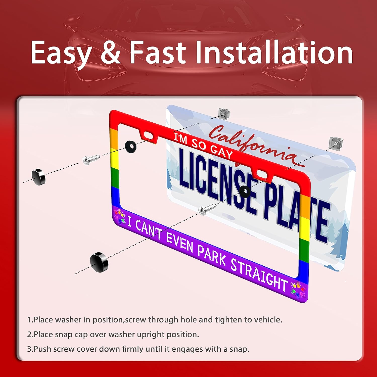 Gay License Plate Frame I'm so Gay I Can't Even Park Straight LGBT Funny License Plate Stainless Steel Parts with Screws Size 12.3" x 6.3" Men Women
