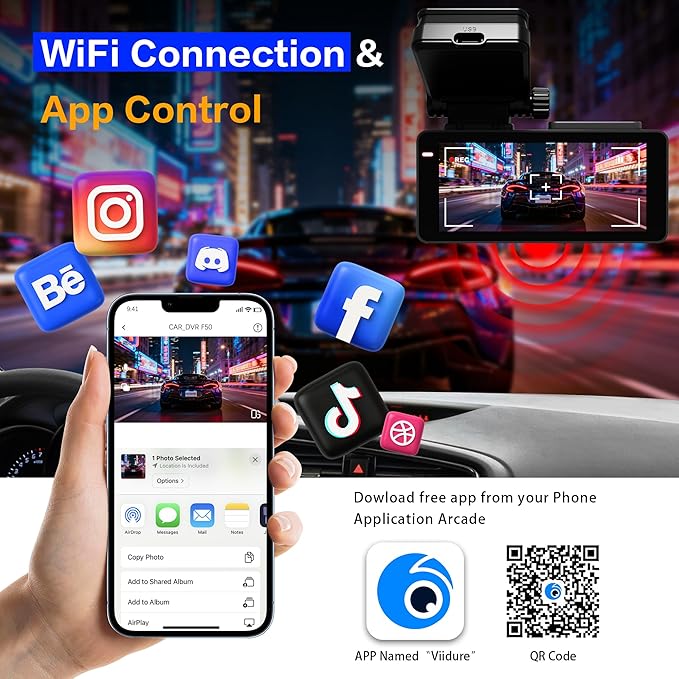 Dashcam Front and Rear Camera, 𝟒𝐊 UHD Dual Channel Dash Cam,WiFi - App Control, G-Sensor, Loop Recording, 170° Wide Angle, Night Vision, 3.6" IPS, S300 Dash Camera for Cars with 32GB Card