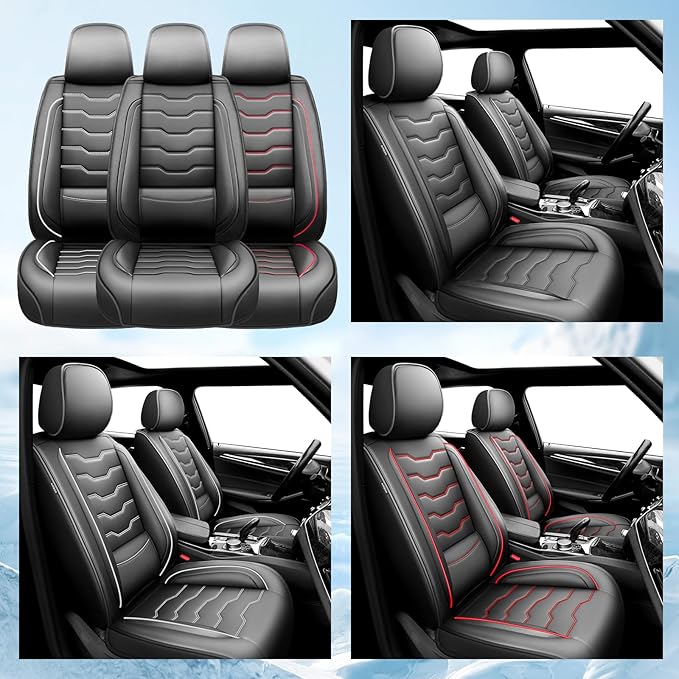 Fit Tucson Car Seat Covers Premium Leather for Hyundai Tucson 2010-2025 2026. Waterproof， Breathable, Scratch-Resistant & All-Weather Seat Cushion Protector (Full Set, Red Line Black)