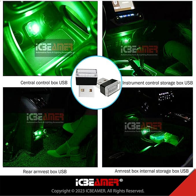 ICBEAMER USB Type-A LED Night Light 2-Pack (Green) | Plug-in Universal Fit Automotive Accessory for Car Interior and Trunk Ambient Atmosphere Lighting