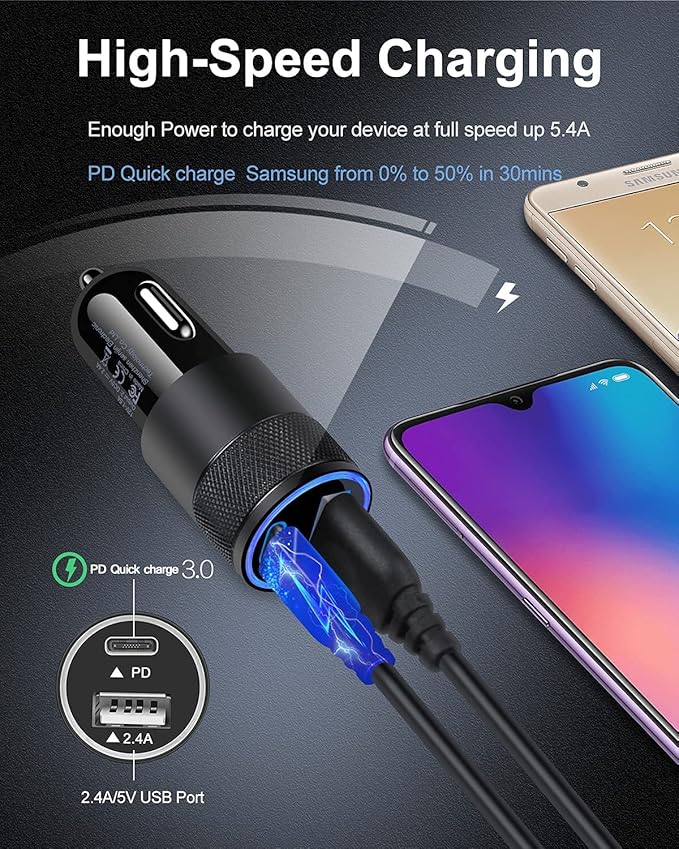 AILKIN 30W PD USB C Car Charger, USB Type C Fast Power Charging Block Dual Port USB A & USBC Plug Cargador Carro Lighter Adapter for iPhone, iPad, Samsung Galaxy, LG, Google Pixel, Moto, USB-C Port
