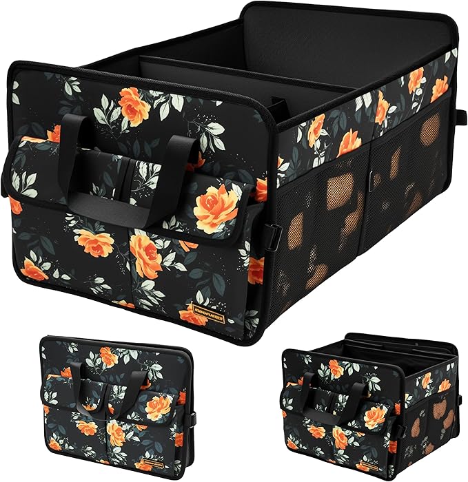 SIBOFUEGO Sturdy Car Trunk Organizer – Large Capacity Trunk Organizer for SUVs & Sedans, Hard-Shell One-Piece Design with Cute Print, Collapsible and Durable Car Organizers (Flower 70L)